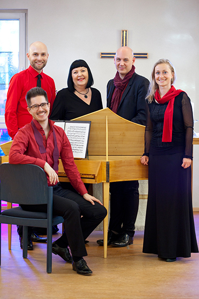 Thomas Richter von Melms (Altus), Marion Neumann (Wortkunst), PD Dr. Christoph Mayer (Moderation), Antje Viebieg (Sopran) vlnr und Daniel Trumball (Cembalo)